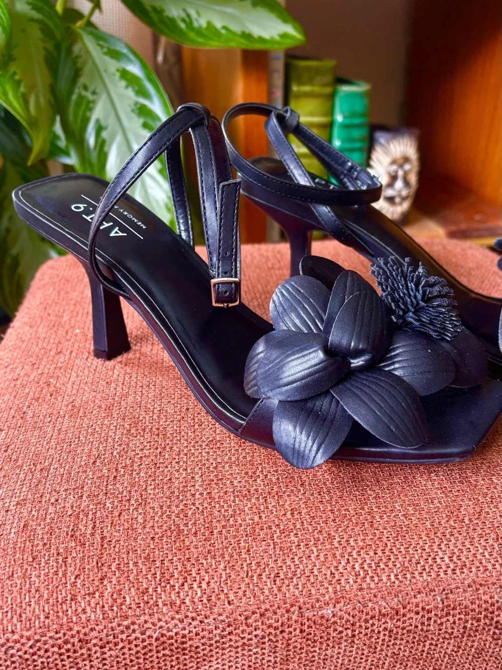 Apt. 9 Black Floral Leather Ankle-Strap Heels with Flower Appliqués